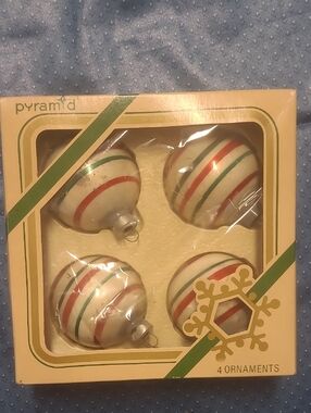 Pyramid White Stripe Holiday Ornaments - Red & Green - 4-Pack